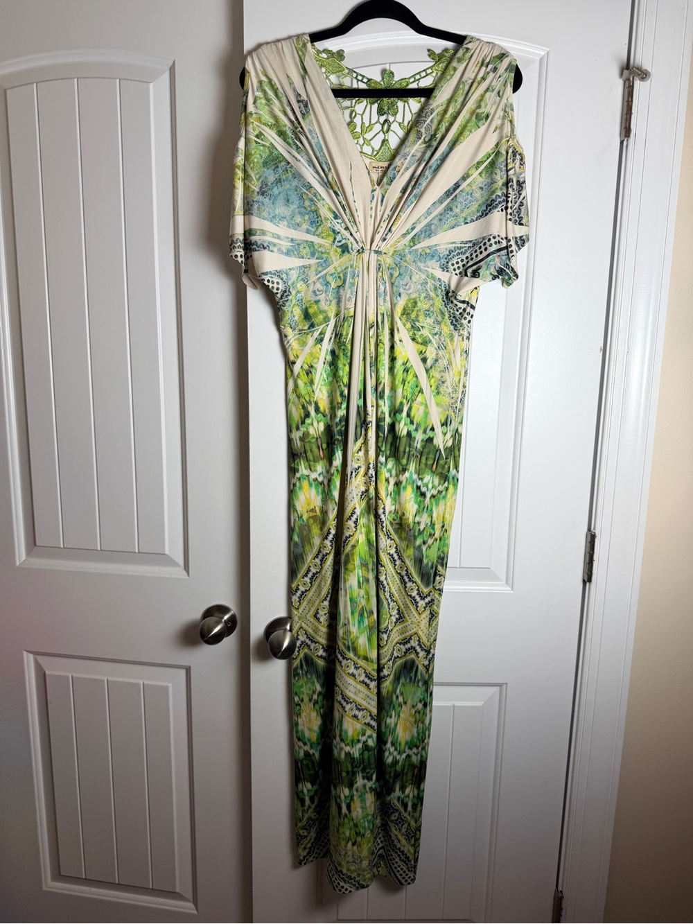 ONE WORLD Absinthe Gathered Cold Shoulder Crochet Back Maxi Dress
